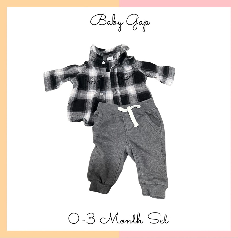 Gap Baby Black and White Plaid Shirt with Gray Pants Set (0-3 months)